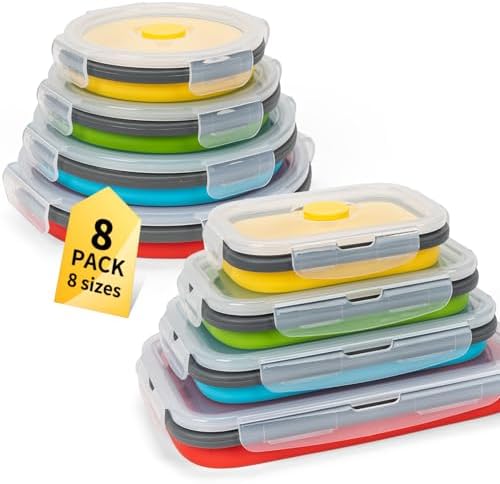 Collapsible Food Storage Containers with Lid & Air Vent, 8 Pack, 4 Rectangular + 4 Round, Annaklin Foldable Silicone Lunch Containers Collapsible Bowls Set, Microwave Freezer Dishwasher Safe, 4 Colors by Annaklin