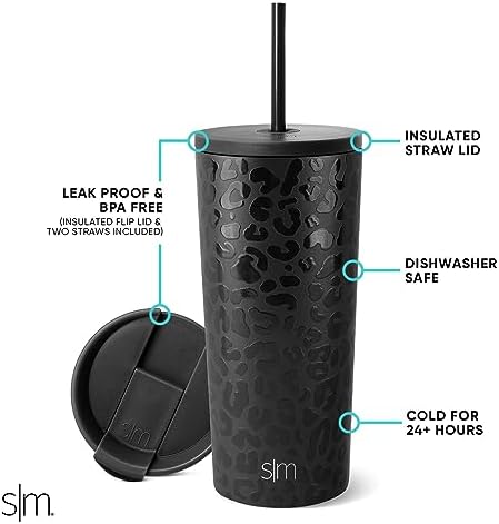 Simple Modern Insulated Tumbler with Lid and Straw | Iced Coffee Cup Reusable Stainless Steel Water Bottle Travel Mug | Gifts for Women Men Her Him | Classic Collection | 20oz | Black Leopard - Image 2