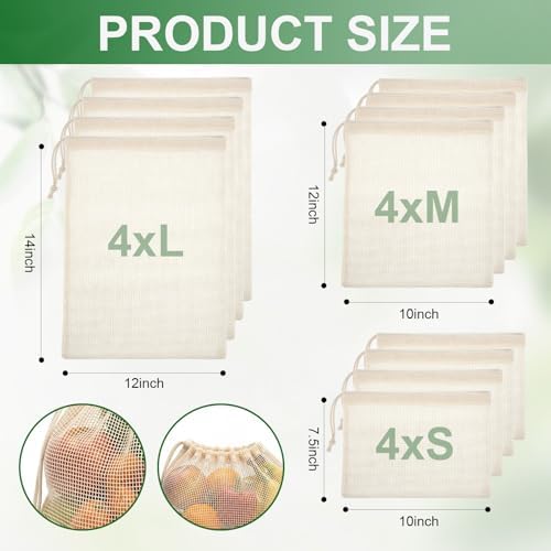22 Pack Reusable Produce Bags Washable - Cotton Mesh Grocery Bags Lightweight Hanging Storage Bag Breathable Durable Net Shopping Sack for Vegetables Fruits - Image 2