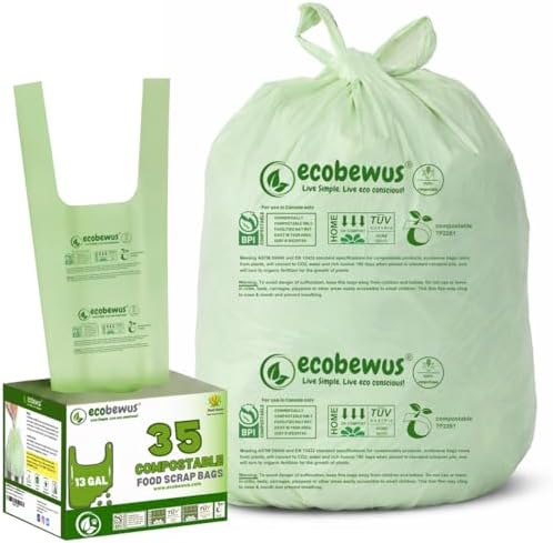 Certified Compostable 13 Gal Bags (35 Bags) Tall Kitchen Food Scrap Bags Certified Compostable Trash Bags BPI Certified Compostable & TÜV OK Compost HOME Certified, Meets ASTM D6400 (35 ct.) by ecobewus