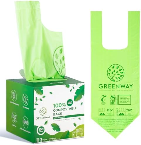 GREENWAY 3 Gallon Compostable trash Bags with Handles,100 Count, Extra Thick 0.70 Mil, BPI & OK Home Certified,Small kitchen Trash Bags for Countertop Compost Bins, Food Waste, Bathroom, Cat Litter by GREENWAY