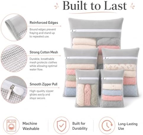 Gray 5-piece set in bags, durable cotton mesh laundry bags, sturdy zipper, breathable mesh, delicate laundry bags, suitable for underwear, clothes, pants, and socks - Image 5