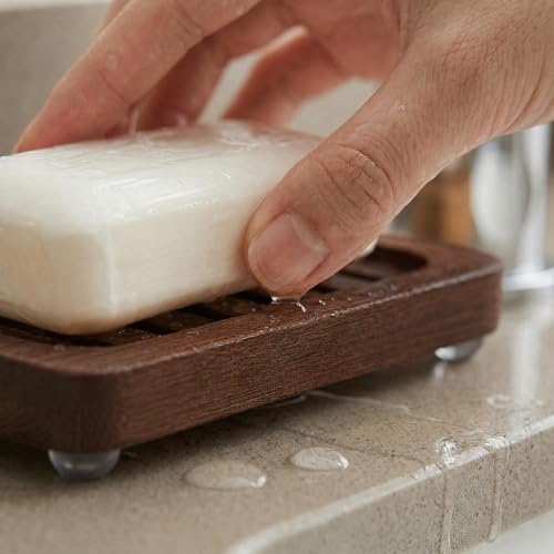 Wooden Soap Dish, Brown Bamboo Self-Draining Bathroom Tray, 2 Pack Slotted Design for Shower, Sink, Kitchen, Bathtub (Black Walnut) - Image 3