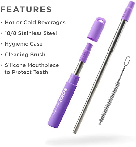 ZOKU Reusable Metal Straw with Case for Travel, Purple - Collapsible Stainless Steel Drinking Straw with Silicone Tip and Cleaner Brush, Ideal for Key Chains, Pockets, Purses - Image 2