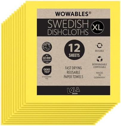Swedish Dishcloths for Kitchen XL, 12 Sheet Roll, Biodegradable & Compostable, Reusable Paper Towel Cleaning Cloths, 11" x 10", No Odor, Washing Dishes, Ultra Absorbent Cellulose Sponge Towel, By LOLA by LolaProducts