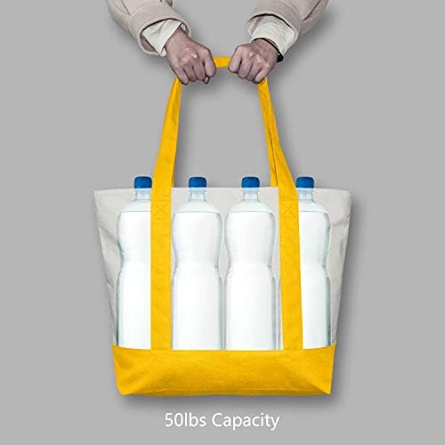 TOPDesign 1-Pack Canvas Tote Bag with an External Pocket, Reusable Grocery Shopping Bag, Top Zipper Closure, Daily Essentials (Yellow/Natural) - Image 6