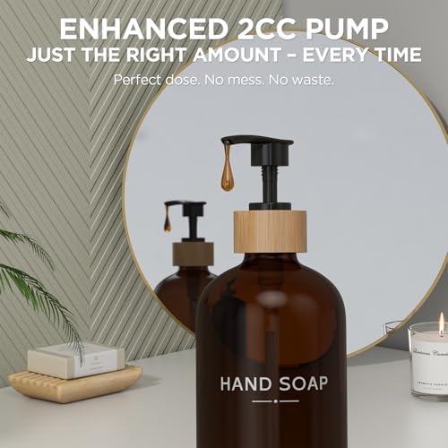 Hand and Dish Soap Dispenser Set,16oz Glass Bottles with Bamboo Pumps & Tray,Countertop Soap Dispensers for Kitchen,Luxury, Minimalist & Farmhouse Decor - Image 5
