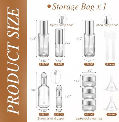 Jingmore 13 Pcs Glass Skincare Travel Containers Mini Makeup Containers Travel Size Toiletries Bottles with Pump Spray and PU Leather Toiletry Bag for Liquid Serum Cream Moisturizers Oils (Silver) - Image 2