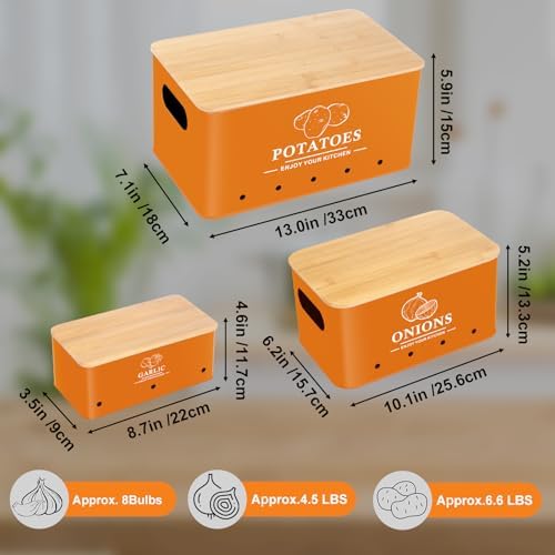 Kitchen Vegetable Storage Set of 3, Metal Onion Garlic Potato Storage Set, Kitchen Canisters Vegetable Keeper Containers with Aerating Holes and Bamboo Lid,Orange - Image 4