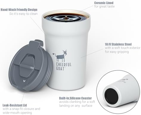 CHEERFUL GOAT Travel Coffee Mug, Ceramic Travel Mug with Lid (Grey) - Image 3