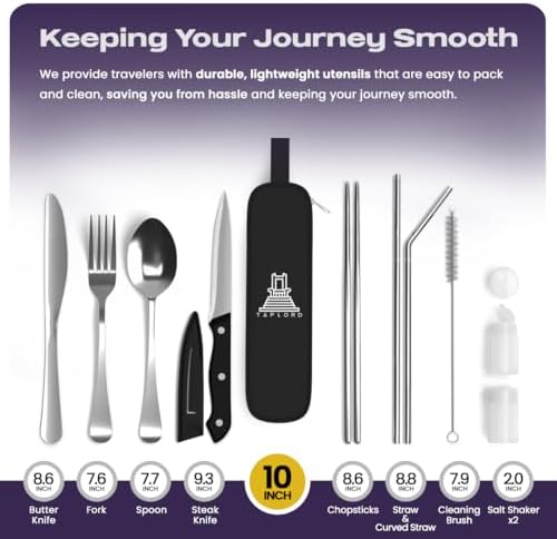 Taplord Portable Travel Silverware Set With Case, Includes 10 Pcs of Travel Utensils With Case, Stainless Steel Flatware Set For Camping, Lightweight (Silver) - Image 2