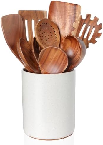 Wooden Cooking Utensils Set with Ceramic Holder,Teak Wood Utensils 10pcs by Nucookery