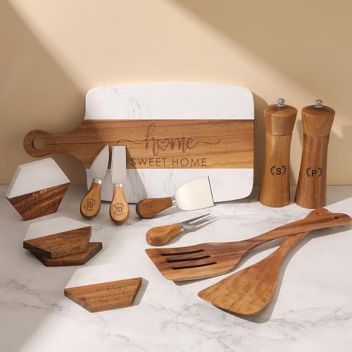 Luxury Kitchen Gift Set for Housewarming – Marble Cheese Board, Acacia Wooden Grinders, Cheese Knives & Utensils, Coaster Set – Elegant Charcuterie & Cooking Gift Box for Women, Couples, New Home - Image 3