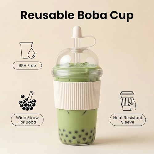 Reusable Iced Coffee Cups with Lids and Straws 17oz, Boba Cup with Straw, Tumbler with Silicone Sleeve for Cold Drinks, Iced Coffee, Bubble Tea ，White - Image 2