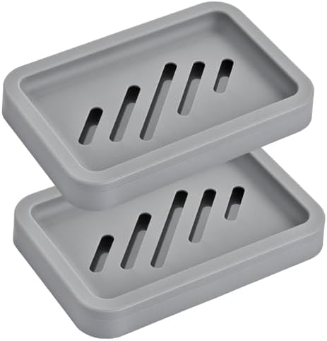 2PCS Grey Soap Holders, Premium Plastic Bamboo Dish for Shower, Bath by Mcyye