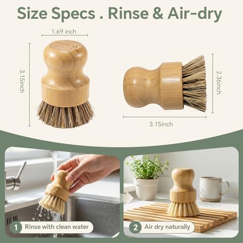 Bamboo Dish Brush Set, 4 Pack, Plastic-Free (2 Medium Sisal, 2 Firm Coconut Coir), Dish Scrubber & Vegetable Brush for Cast Iron, Nonstick - Image 7