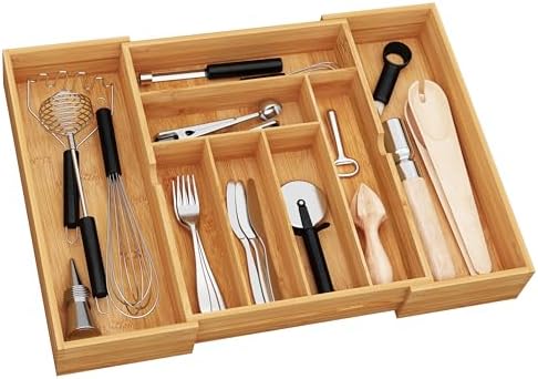 BAMEOS 3" Deepth Expandable Drawer Organizer, Deep Flatware Organizer, Adjustable Silverware Organizer, Bamboo Drawer Organizer for Kitchen, Bathroom (Natural) by BAMEOS