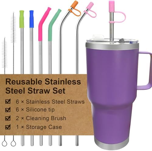 Reusable Stainless Steel Straws Set 6 PCS with 6 Silicone Tips, 2 Straw Brush, 1 Storage Case, Different Sizes of Metal Straws Reusable, Suitable for 14, 20, 30 oz Cups Tumbler, for Hot/Cold Drinks by Allforyourhealthylife