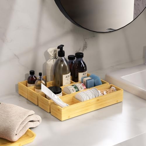 DUJEN 4 Packs Bamboo Drawer Organizer 2 pieces 12.6 * 6inches and 2 pieces 12.6 * 3.2inches, Adjustable 3 Individual Junk Drawer organizer for Bathroom and Kitchen - Image 6