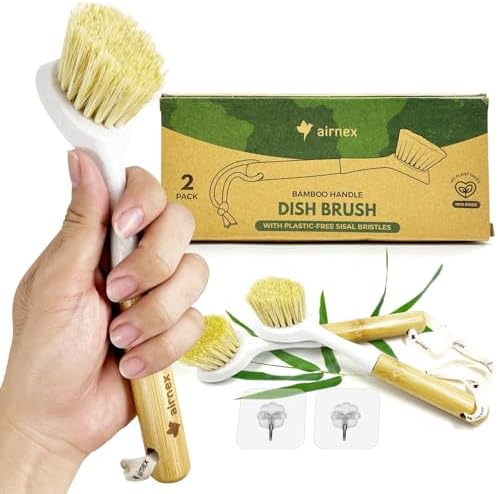 AIRNEX Bamboo Dish Brush Set of 2 - Dishwasher Brush w/Handle Made of Wheat Straw & Sisal Bristles - Non Scratch Kitchen Scrub Brush for Dishes, Pots & Pans - Dish Scrubber w/Plastic Free Bristles by Airnex