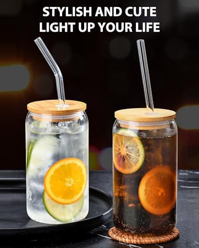 WISIMMALL Drinking Glasses with Bamboo Lids and Glass Straw 8PCS Set, 16oz Glass Cups with Lids and Straws, Beer, Iced Coffee Glasses, Soda, Gift 2 Cleaning Brushes - Image 3