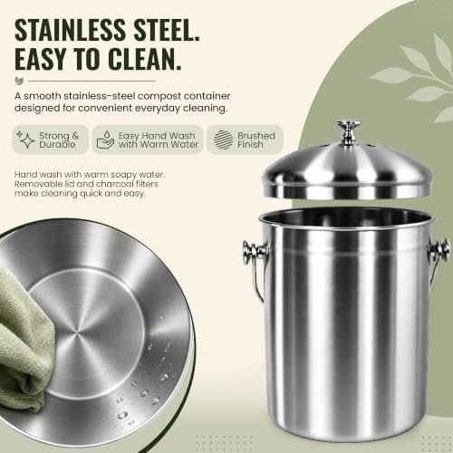 Epica Kitchen Compost Bin for Kicthen Countertops, 1.3 Galllon - Silver - Image 3
