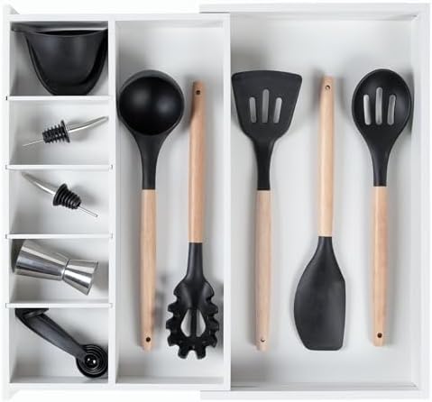 KitchenEdge Utensil & Junk Drawer Organizer, 10.5-19 in, White Bamboo by KitchenEdge