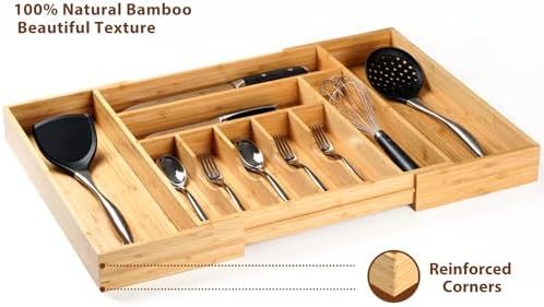 Umilife Extra Large Expandable Kitchen Siverware Utensils Drawer Organizer, 19" Deep for Big Drawer, Adjustable Bamboo Wood Drawer Divider with Curved Grooves, Cutlery Tray Flatware Holder - Image 3