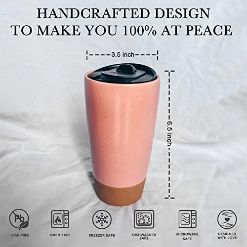 Mora Double Wall Ceramic Coffee Travel Mug with Lid, 14 oz, Portable, Microwave, Dishwasher Safe, Insulated Reusable Tall Cup, Splash Resistant Lid - To Go Tumbler for Car Cup Holder, Pink Salt - Image 2