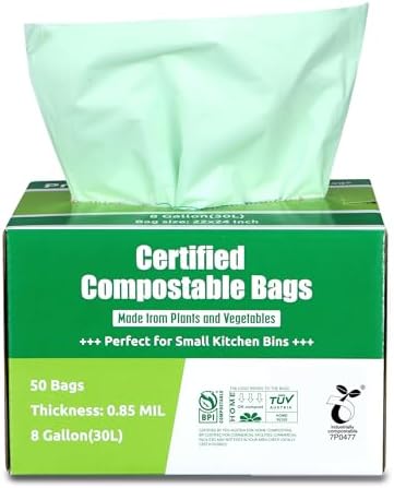 Compostable Bags, 8 Gallon (30L) Food Scraps Yard Waste Bags, Extra Thick 0.85 Mil. ASTM D6400 Compost Bags Small Kitchen Trash Bags, Certified by BPI & TÜV AUSTRIA (50 Count) by Primode