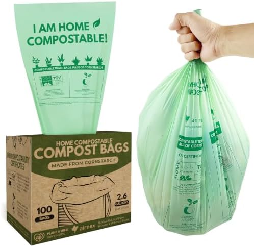 AIRNEX Small Compost Bags 2.6 Gal - 100 Compostable Kitchen Trash Bags for Countertop Bin - Cornstarch Leakproof & Tear-Resistant - OK Compost Home & Seedling Certified 0.18 mm Kitchen Garbage Bags by Airnex