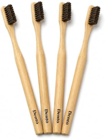 Dento Bamboo Toothbrush 4 Pack, Natural Horsehair Bristles, Soft by Dento