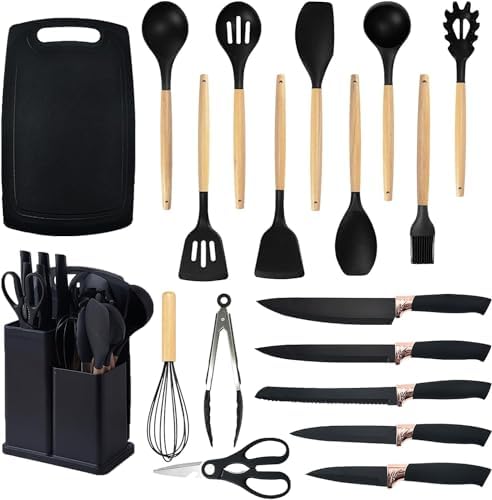 Kitchen Utensils Set & Knife Set with Block, 19 Piece All-in-One Cooking Set, 12 Nonstick Silicone Utensils + 5 Sharp Stainless Steel Chef Knives + Cutting Board, Dishwasher Safe Gift Set (Black) - Image 2