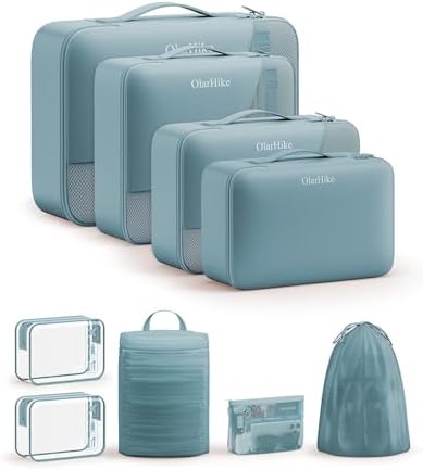 OlarHike Packing Cubes for Travel,Gifts for Women Mom,Anti-Tearing Suitcase Organizer for Luggage with Shoe & Hanging Toiletry Bag,Vacation Essentials & Accessories for Cruise Ship,9 Set,Blue Gray by OlarHike