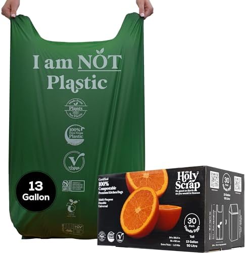 Extra Large Compostable Trash Bags - 13 Gallon, 30 Pack | Plastic-Free & Decomposing Tall Kitchen Garbage Bags & Liners with Easy-Tie Handles | Thick Bin Bags for Green & Food Waste by HolyScrap