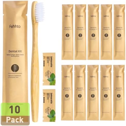 10 Pack Bamboo Toothbrushes Kit, Disposable Travel Toothbrushes with Toothpaste (6g), Individually Wrapped Guest Dental Kit for Hotel Amenities, Airbnb Hosts, Travel & Camping by FEHHTOEco-friendlyLiving