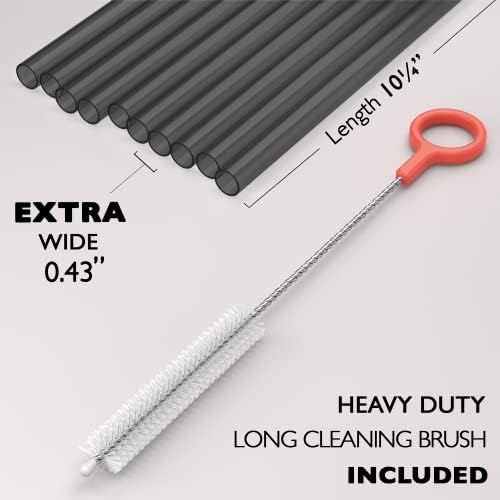 Fiesta First 10 EXTRA WIDE Long Reusable Black Hard Plastic Drinking Straws + Cleaning Brush - Fat Thick Large Jumbo Straws for Smoothies and Milkshakes - Black - Dishwasher Safe BPA Free - Image 2