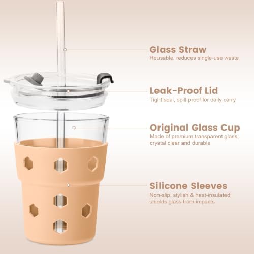 Mrsdry 12oz Iced Coffee Cup with Lids and Straws, BPA Free Reusable Glass Coffee Cups with Silicone Sleeves for Coffee, Iced tea, Thick Wall Glass Cup - Image 4