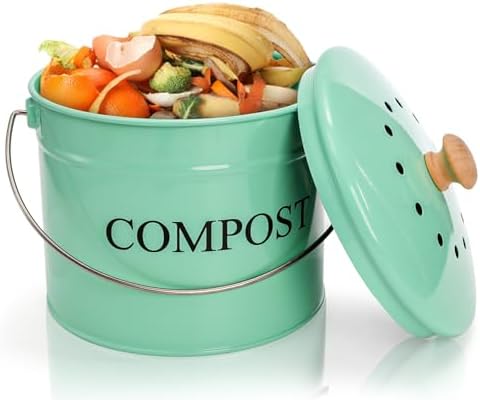 AVLA Kitchen Compost Bin, 1 Gallon Countertop Food Waste Container, Odorless Composter Bucket with Lid and Charcoal Filter, Indoor Metal Composting Pail, Mint Green by AVLA