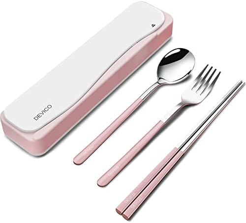 DEVICO Travel Utensils with Case, 4Pcs Portable Silverware Set for Work, 18/8 Stainless Steel Reusable Cutlery, Korean Spoon and Chopsticks Fork for Camping, School, Lunch Box Accessories (Pink) by DEVICO