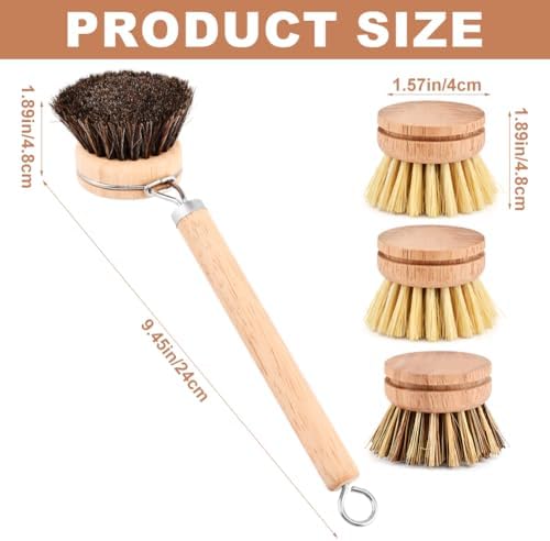 Bamboo Dish Brush with Handle - 3 Replacement Heads, Soft Bristles Kitchen Brush, Bamboo Dish Scrubber for Dishes Vegetable, Pots and Pans, Kitchen Utensils(Color:Wood) - Image 2