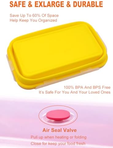 Set of 2 Extra Large Collapsible Silicone Food Storage Containers With Lids,82.8oz + 60.2oz Meal Prep Box, Bento Lunch Boxes, Rv Collapsible Bowls For Camping, Kitchen, BPA Free(Red and Yellow) - Image 4