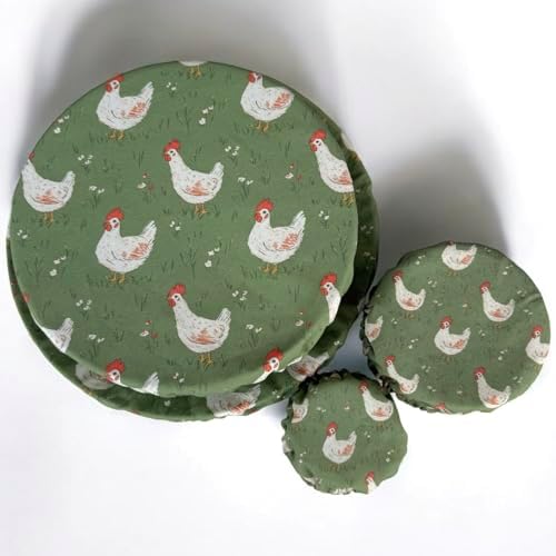 (4-Pack) Sourdough Reuseable Jar & Bowl Covers | Cute Baking Gift | 100% Cotton | Washable | Bread Proofing | Kitchen Food Storage Gifting | Starter Cover Lid Kit (Chickens) by MaybelleJoy