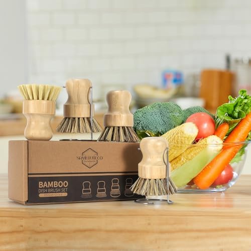 SAMEBUETCO 6-Piece Bamboo Dish Brush Set with 2 Stainless Steel Drying Racks, 3 Mixed Fiber Pot Brushes & 1 Sisal Bristle Brush for Dishes, Pots, Pans, Vegetables & Kitchen Cleaning - Image 3