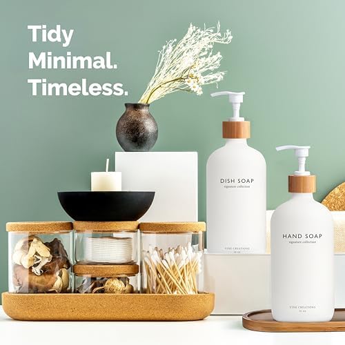 Vine Creations White Glass Soap Dispenser Set, Hand Soap and Dish Soap Dispenser Set with Bamboo Tray, 16 oz Glass Dispensers Bottle for Kitchen and Bathroom Decor Modern Boho with Bamboo Pump (White) - Image 4