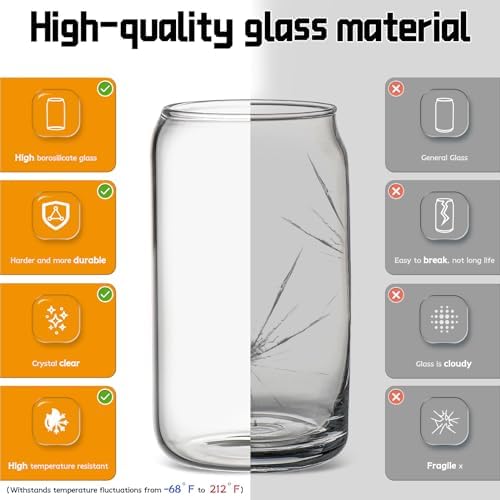 Glass Cups with Lids and Straws 6 pcs, 16 oz-DWTS Cute Tumbler,Beer Drinking Glasses,Clear for Iced Coffee, Tea with Bamboo Lids for Gifts - Image 2