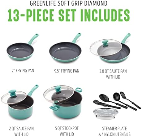 GreenLife Soft Grip Diamond Healthy Ceramic Nonstick 13 Piece Cookware Pots and Pans Set, PFAS-Free, Dishwasher Safe, Turquoise, Diamond Cookware - Image 3