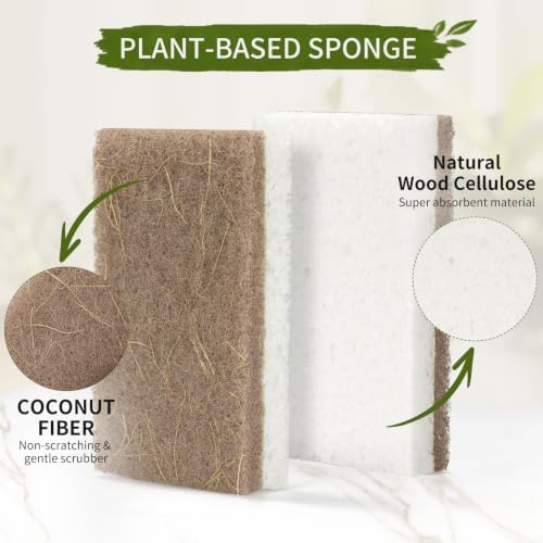 5 PCS Long Handle Bamboo Dish Brush with 2 Natural Dish Sponges - Image 5