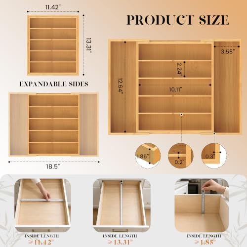 Bamboo Silverware Organizer, Expandable Bamboo Kitchen Drawer Cutlery Organizer, 18.5"x13.3" Flatware Organizer Tray, Utensil Holder - Image 2