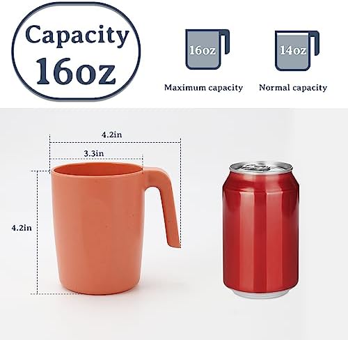 Wrova 16oz Wheat Straw Cups with handles set of 6-Plastic Cups Reusable-Unbreakable Kids Mugs-Dishwasher Safe & Microwave Safe-Ideal Plastic Mugs for Tea,Coffee,Camping,RV-Orange - Image 2